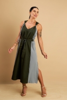 Vestido Mídi com Fendas Laterais Verde e Cinza