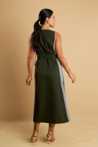 Vestido Mídi com Fendas Laterais Verde e Cinza