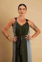 Vestido Mídi com Fendas Laterais Verde e Cinza
