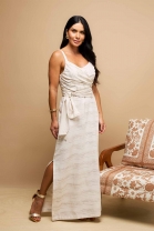 Vestido Longo em Detalhes Listrado Cru