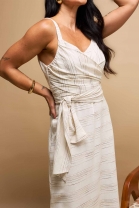 Vestido Longo em Detalhes Listrado Cru