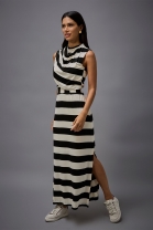 Vestido Longo Gola Alta Listrado Preto e Branco