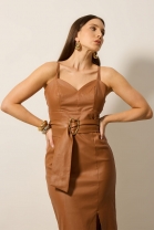 Vestido Midi em Couro Caramelo