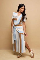 Vestido Longo com Fendas Laterais Listrado