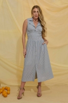 Vestido Mídi com Decote V Listrado