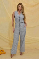 Conjunto de Calça e Blusa com Decote V Listrado