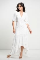 Vestido Assimétrico Listrado com Recorte Lateral