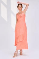 Vestido Midi Babados Assimétricos Coral