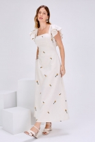 Vestido Midi com Bordado Floral e Mangas Jabô