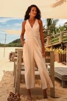 Macacão Decote V Off White Brilhante