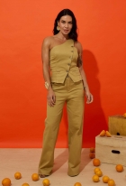 Conjunto de Calça e Blusa Ombro Único Verde Oliva