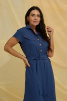 Vestido Longo com Gola Polo Azul