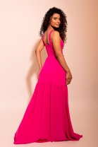 Vestido Rosa Em Crepe Fluido Com Três Camadas De Tecido na Saia