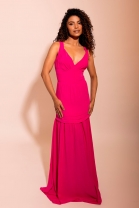 Vestido Rosa Em Crepe Fluido Com Três Camadas De Tecido na Saia