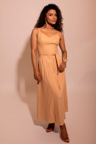 Vestido Midi Godê de Alça Fina Nude