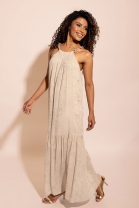Vestido Longo Fluido Texturizado Bege
