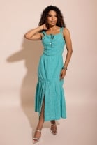Vestido Midi Fluido Bordado Azul