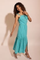 Vestido Midi Fluido Bordado Azul