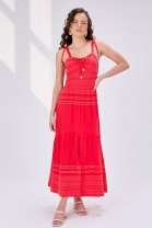 Vestido Midi Fluido Bordado Vermelho