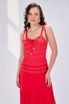 Vestido Midi Fluido Bordado Vermelho