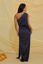 Vestido Longo com Manga Única Azul Marinho