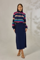 Conjunto de Saia Midi e Cropped Listrado Azul