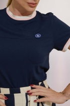 Conjunto de Saia Listrada e Blusa Azul Marinho