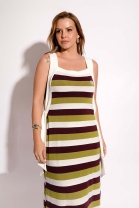 Vestido Mídi com Fendas Laterais Listrado