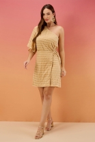 Vestido Curto Manga Única Bege