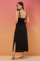 Vestido Longo com Poás Bordados Preto