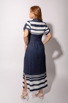 Vestido Longo com Abotoamento Frontal Azul Listrado