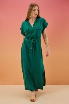 Vestido Longo com Decote V e Bolsos Frontais Verde