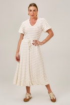 Vestido Mídi Listrado com Decote em V Off White