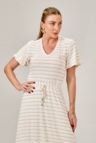 Vestido Mídi Listrado com Decote em V Off White