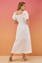 Vestido Longo Bordado com Mangas Bufantes Off White