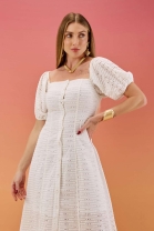 Vestido Longo Bordado com Mangas Bufantes Off White
