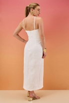 Vestido Longo Justo com Fenda Frontal Off White