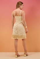 Vestido Curto de Renda com Franja Bege