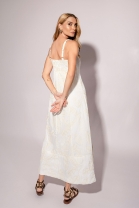 Vestido Longo Bordado com Decote Reto Off White