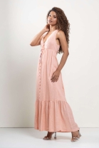 Vestido Longo de Abotoamento Frontal e Decote de Amarração Salmon