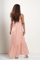 Vestido Longo de Abotoamento Frontal e Decote de Amarração Salmon