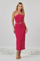 Vestido Mídi Bordado Rosa