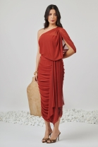 Vestido Midi em Tule Ombro Único Terra