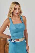 Conjunto de Saia Midi com Fenda e Cropped Azul