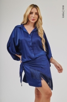 Vestido Curto Acetinado com Franja Marinho