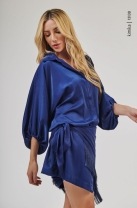 Vestido Curto Acetinado com Franja Marinho
