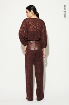 Conjunto de Calça e Cropped de Renda e Couro Marrom
