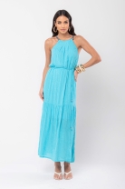 Vestido Longo Fluido Texturizado Azul