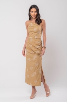 Conjunto de Saia e Cropped de Alça Bordado Caramelo