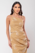 Conjunto de Saia e Cropped de Alça Bordado Caramelo